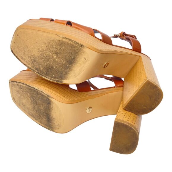 Zara Leather Platform retro chunky Strappy Wooden Heeled Sandals Size 40 - Picture 5 of 8